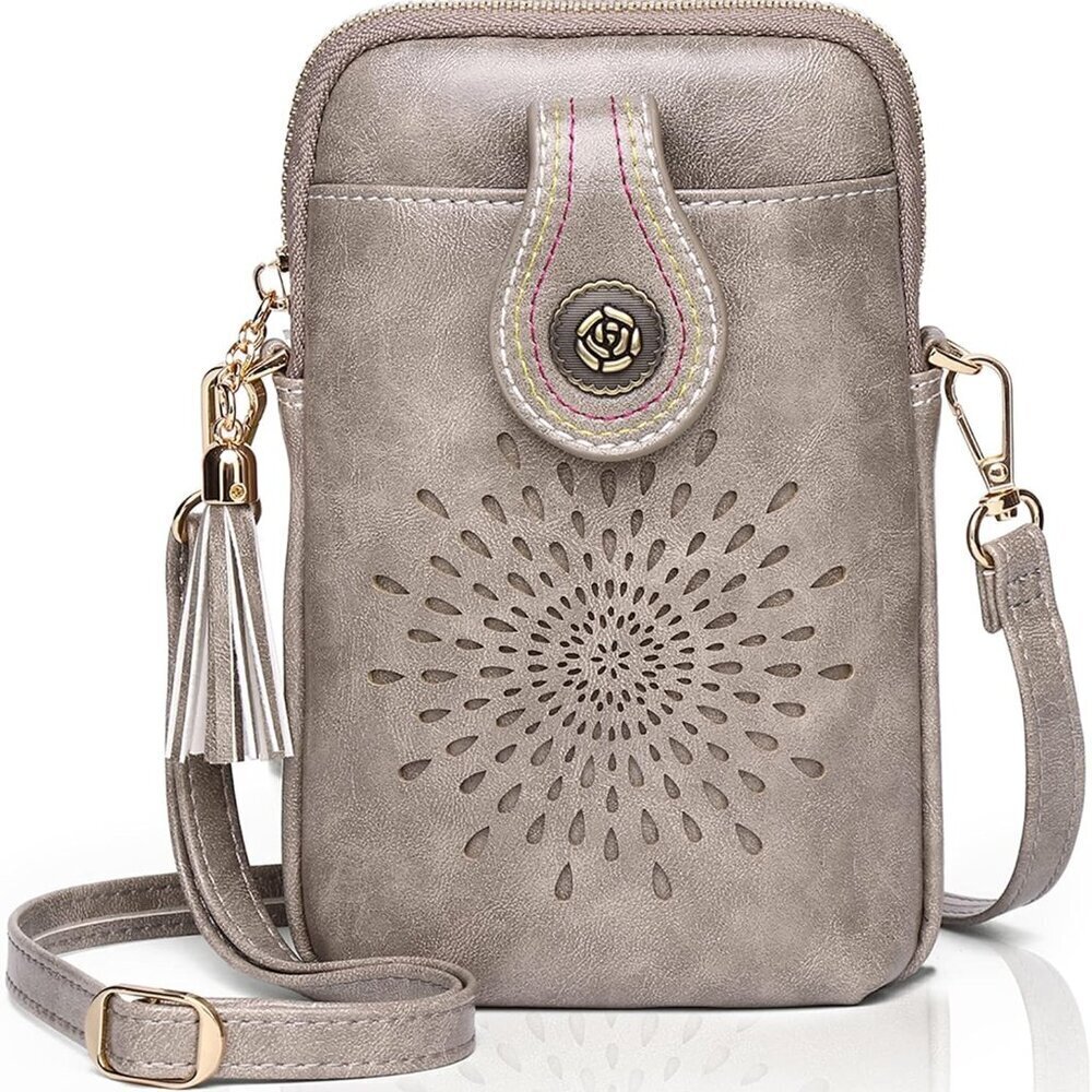 Small Vegan Leather Crossbody Bag with Multiple Pockets and Tassels for Women